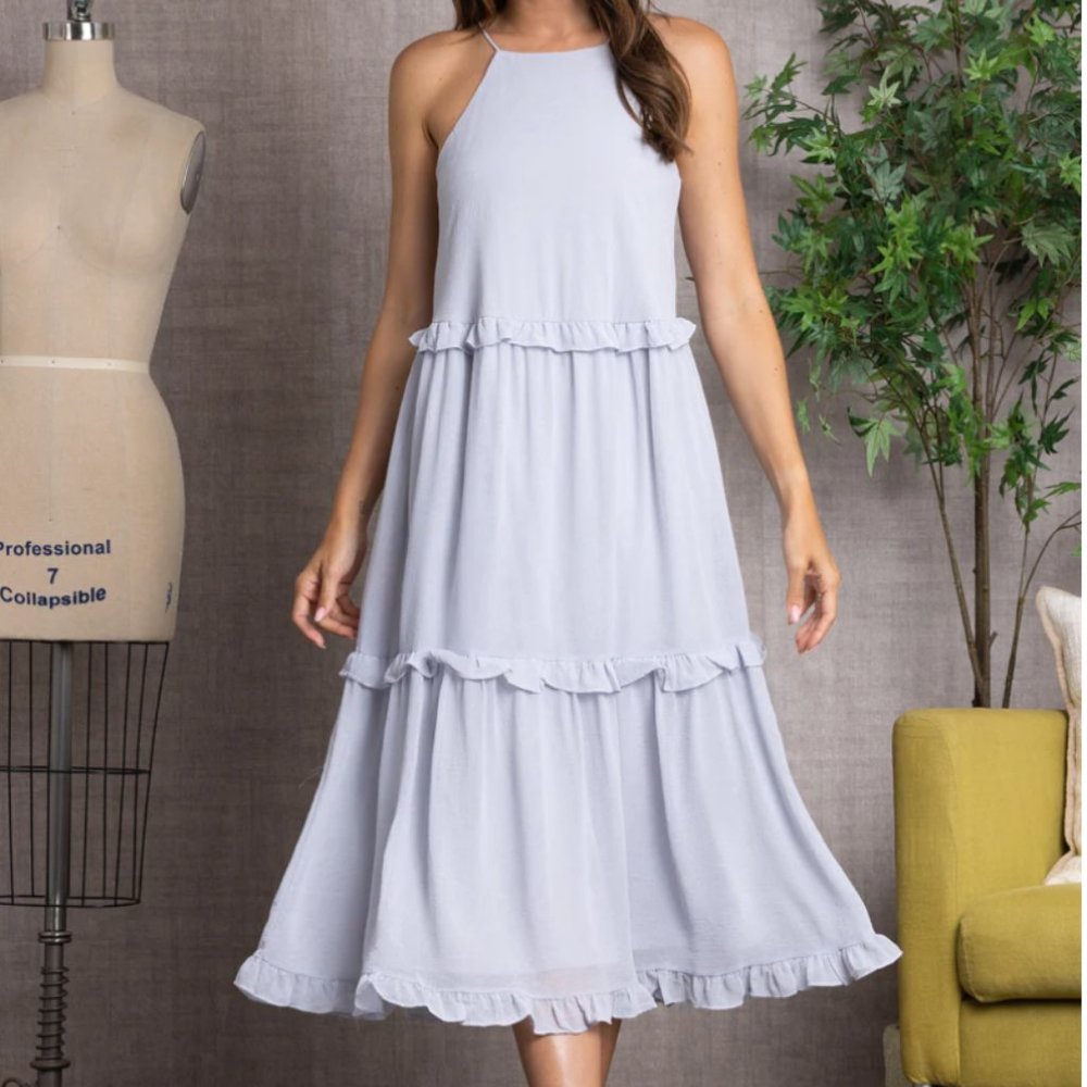 💜 BLUE GREY/LAVENDER CRINKLED HALTER NECK RUFFLED MIDI DRESS